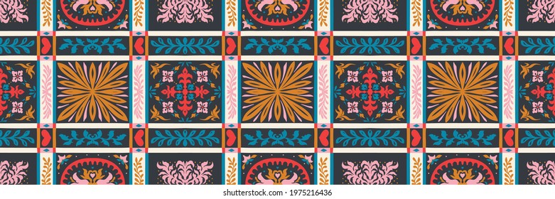 Italian majolica tile. Embroidery with flowers and leaves. Mediterranean porcelain pottery. Ceramic dishes, folk print. Mexican Talavera. Portuguese azulejo, spanish patchwork. Damask floral backgroun