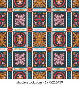 Italian majolica tile. Embroidery with flowers and leaves. Mediterranean porcelain pottery. Ceramic dishes, folk print. Mexican Talavera. Portuguese azulejo, spanish patchwork. Damask floral backgroun