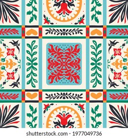 Italian majolica tile. Embroidery with flowers and leaves. Mediterranean porcelain pottery. Ceramic dishes, folk print. Mexican Talavera. Portuguese azulejo, spanish patchwork. Damask floral backgroun