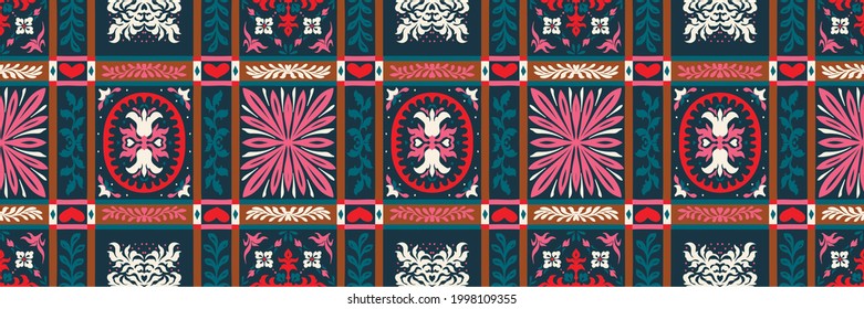 Italian majolica tile. Embroidery with flowers and leaves. Mediterranean porcelain pottery. Ceramic dishes, folk print. Mexican Talavera. Portuguese azulejo, spanish patchwork. Damask floral backgroun