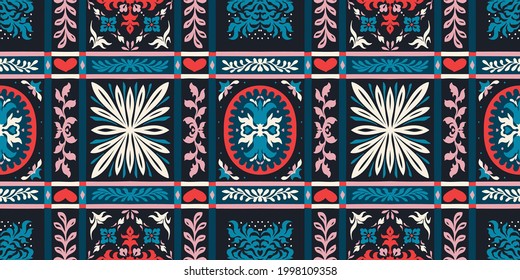 Italian majolica tile. Embroidery with flowers and leaves. Mediterranean porcelain pottery. Ceramic dishes, folk print. Mexican Talavera. Portuguese azulejo, spanish patchwork. Damask floral backgroun