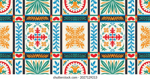 Italian majolica tile. Embroidery with flowers and leaves. Mediterranean porcelain pottery. Ceramic dishes, folk print. Mexican Talavera. Portuguese azulejo, spanish patchwork. Damask floral backgroun