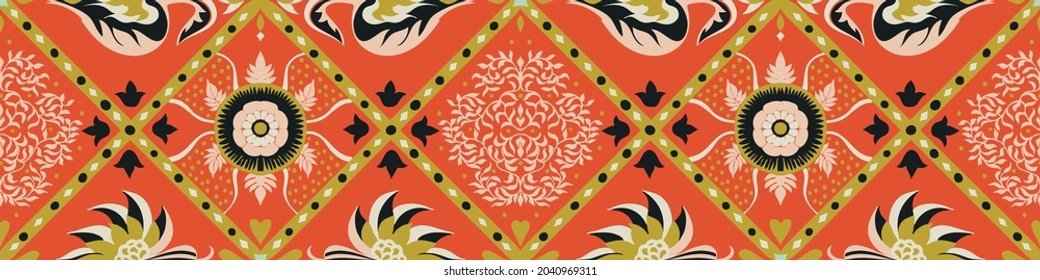 Italian majolica tile. Embroidery with flowers and leaves. Mediterranean porcelain pottery. Ceramic dishes, folk print. Mexican Talavera. Portuguese azulejo, spanish patchwork. Damask floral backgroun