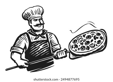 Italian male chef with pizza. Pizzeria, fast food emblem. Hand drawn drawing for restaurant or cafe menu design