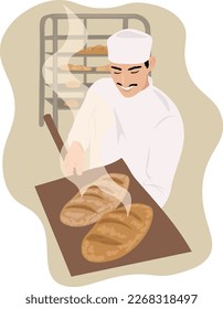 An Italian man bakes fragrant bread. Baker vector illustration.