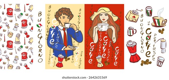 Italian man in blue suit drinking espresso, girl in red dress holding cappuccino. Coffee machine, grinder, Turkish coffee, milk frother, filter coffee, French press.Hand drawn vector clip art, cards.