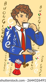 Italian man in blue suit drinking espresso. Coffee machine, grinder, Turkish coffee, milk frother, filter coffee, French press.Hand drawn vector clip art, cards.
