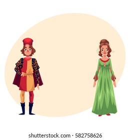 Italian Man and woman in Renaissance time costumes, clothing, cartoon vector illustration with place for text. Medieval, Renaissance Italian couple in traditional historical dresses