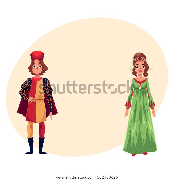 ルネサンス時代の衣装 衣服 テキスト用の場所を持つ漫画のベクターイラストを身にまとったイタリア人の男女 伝統的なドレスを着た中世ルネサンスのイタリアのカップル のベクター画像素材 ロイヤリティフリー