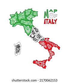 Italian map with administrative province names - Abruzzo, Aosta Valley, Apulia, Basilicata, Calabria and more. Map of Italy with region infographic