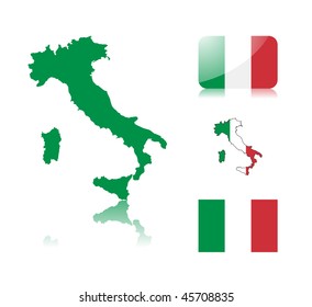 Italian  map including: map with reflection, map in flag colors, glossy and normal flag of Italy.