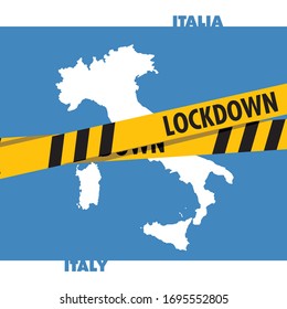 Italian map with lockdown tape. Coronavirus pandemic outbreak quarantine.
