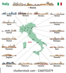 Italian map with main cities skylines. Vector set