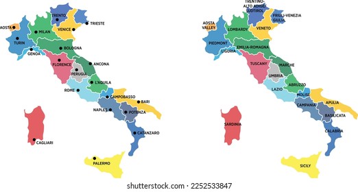 Italian map showing regional NUTS 2 boundary, name and capital. It is designed so that each region can be split away, edited and colored as you wish. This map is particularly good for infographic page