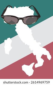 Italian map with sunglasses. Italian flag.