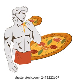 Italian marble statue of David with pizza, hand drawn vector illustration isolated on white background. Design for pizzeria and italian cuisine.