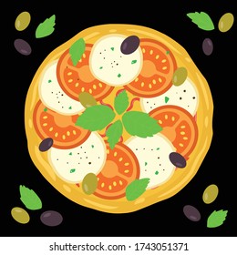 Italian Margarita whole pizza with tomato basil, olives and mozzarella cheese. Vector illustration