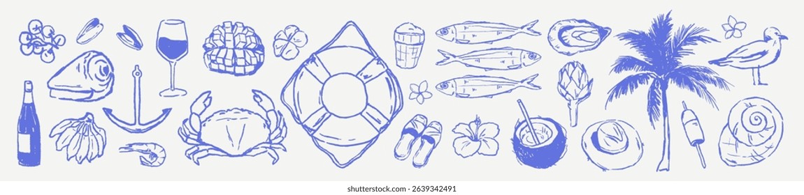 Italian marine drawing set. Hand drawn chalk scribble sketched vector illustrations.Summer sea nautical vacation elements in grunge crayon rough sketch style. Watercolor, charcoal texture for design.	