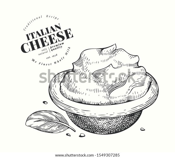 イタリアのマスカルポーネのイラスト 手描きのベクター画像イラスト 刻んだスタイルのクリームチーズ レトロな食べ物のイラスト のベクター画像素材 ロイヤリティフリー
