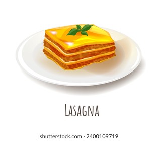 Italian meal with pasta sheets, marinara or meat sauce and melted cheese. Isolated plate with lasagna decorated with basil or mint leaves. Dish of Mediterranean cuisine. Vector in flat style