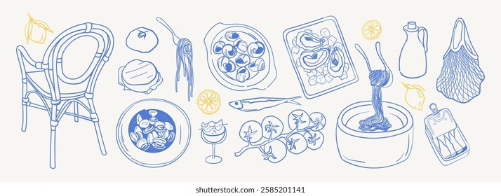 Italian mediterranean food. Dolce vita naive drawing set. Mussels, snails, oysters, pasta, cheese. Elegance line clipart in sketch style. Vector doodle illustration for kitchen posters, menus.	