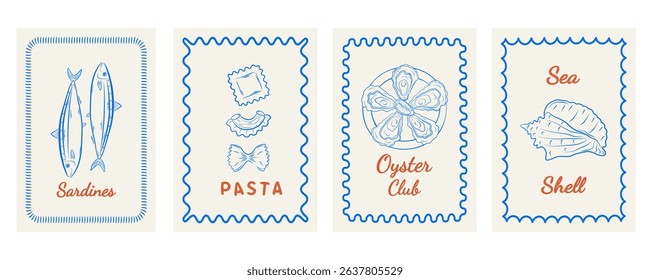 Italian Mediterranean posters with hand-drawn sardines, oysters, pasta, and seashells. Inspired by Amalfi and La Dolce Vita lifestyle. Vector illustration.
