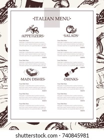 Italian Menu - color vector hand drawn composite menu with copyspace. Realistic olive, oil, garlic, vinegar, pasta, tomato, spicy pepper, cheese, almond, lasagne.