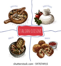 Italian menu colorful illustration. Vector illustration of Italian cuisine.