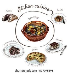 Italian menu colorful illustration. Vector illustration of Italian cuisine.