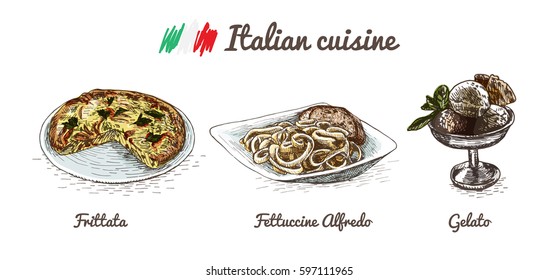 Italian menu colorful illustration. Vector illustration of Italian cuisine.