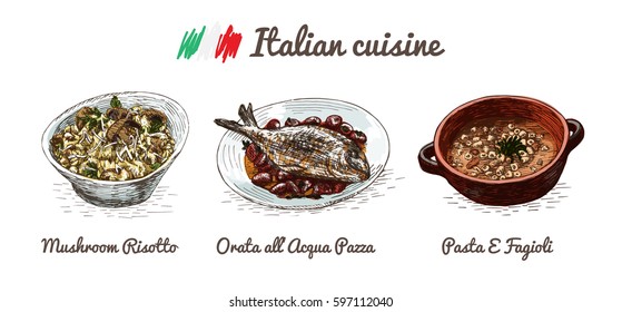 Italian menu colorful illustration. Vector illustration of Italian cuisine.