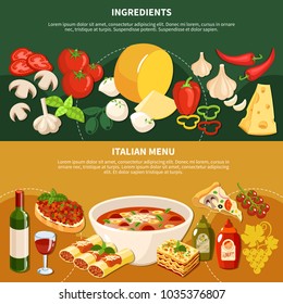 Italian menu horizontal banners with ingredients and dishes of traditional national cuisine flat vector illustration 