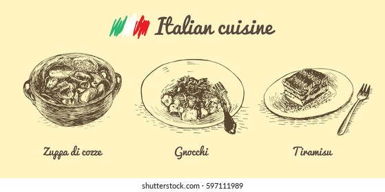 Italian menu monochrome illustration. Vector illustration of Italian cuisine.