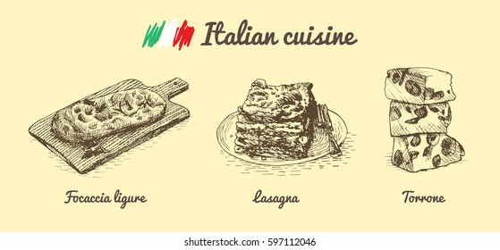 Italian menu monochrome illustration. Vector illustration of Italian cuisine.
