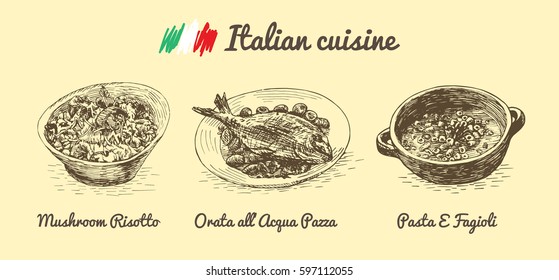 Italian menu monochrome illustration. Vector illustration of Italian cuisine.