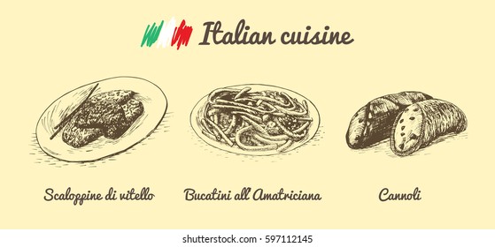 Italian menu monochrome illustration. Vector illustration of Italian cuisine.