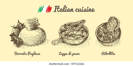 Italian menu monochrome illustration. Vector illustration of Italian cuisine.