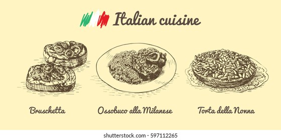 Italian menu monochrome illustration. Vector illustration of Italian cuisine.