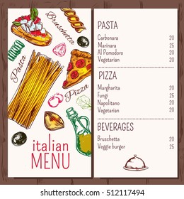 Italian menu pasta restaurant menu with decorative images of macaroni pizza olive and ripe vegetable icons vector illustration