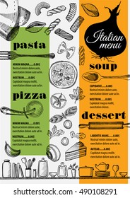 Italian menu placemat food restaurant brochure, template design. Vintage creative pizza flyer with hand-drawn graphic. 