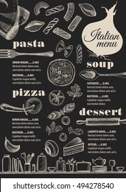 Italian menu placemat food restaurant brochure, template design. Vintage creative pizza flyer with hand-drawn graphic. 