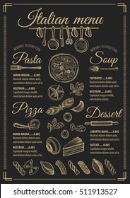 Italian Menu Placemat Food Restaurant Brochure, Template Design. Vintage Creative Pizza Flyer With Hand-drawn Graphic. 
