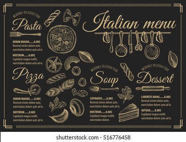 Italian menu placemat food restaurant brochure, template design. Vintage creative pizza flyer with hand-drawn graphic. 