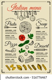 Italian menu placemat food restaurant brochure, template design. Vintage creative pizza flyer with hand-drawn graphic. 