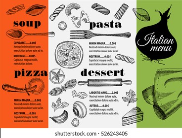 Italian menu placemat food restaurant brochure, template design. Vintage creative pizza flyer with hand-drawn graphic. 