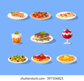 Italian Menu Set Flat Vector Cartoon Style Funny Drawing On Light Blue Backgroud