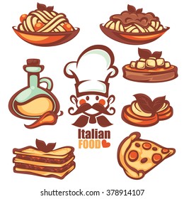 Italian menu, vector collection of food symbol and icons in cartoon style