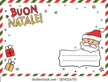 Italian Merry Christmas postcard with Santa Claus, gifts and snowflakes. Greeting airmail card template for sending. Vector illustration for Italy. Translation: Merry Christmas