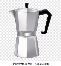 Cafetera metálica italiana aislada en blanco. Café mocha para hacer café expreso. Cafetera Geyser, Diseño de símbolo de máquina de expreso Retro. 3d ilustración vectorial realista.
