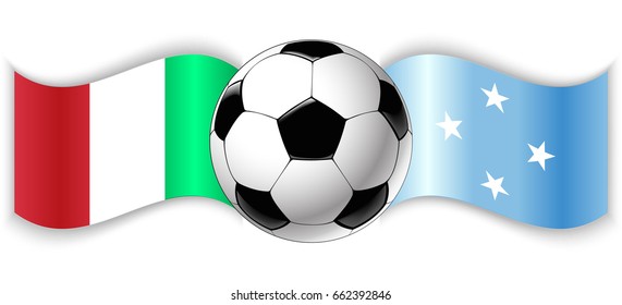 Italian and Micronesian wavy flags with football ball. Italy combined with Micronesia isolated on white. Football match or international sport competition concept.